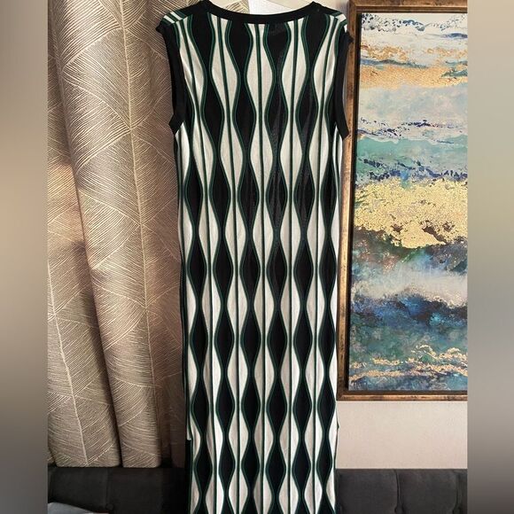 Eva Franco Mod Print Crew Neck Sleeveless Pullover Midi Dress Black Green Size M - Picture 11 of 16